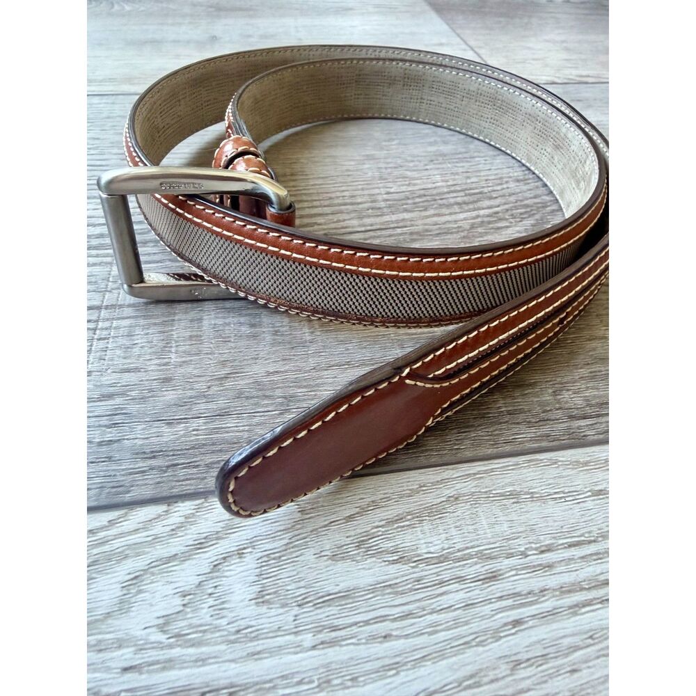 Tommy Bahama Mens Brown Leather Canvas Casual Golf Belt Sz 36